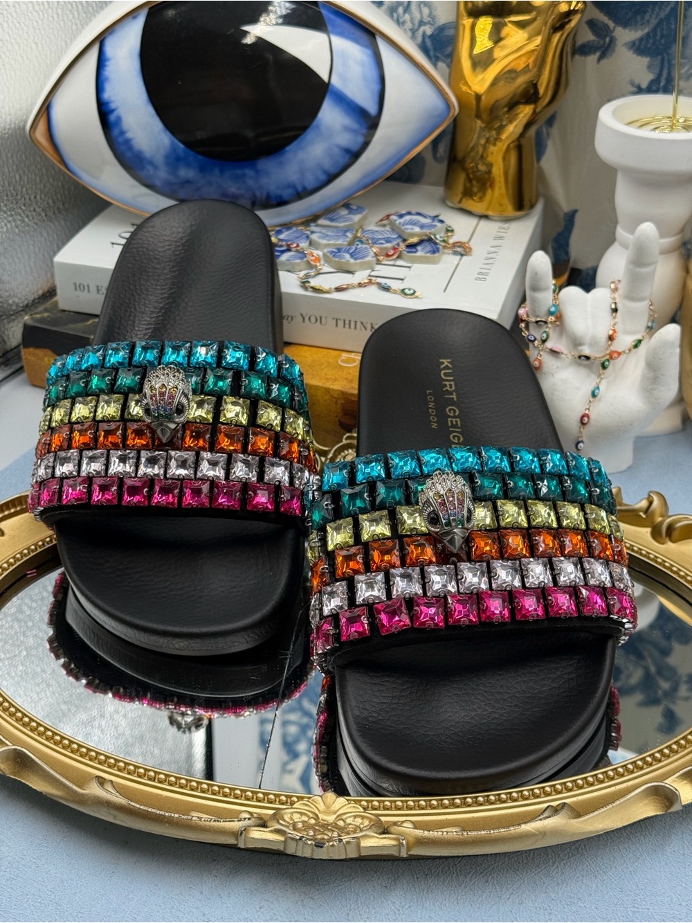 🧿🧿 KURT GEIGER LONDON Meena Eagle Jewel Crystal Studded Slide, Black Rainbow - Picture 6 of 14
